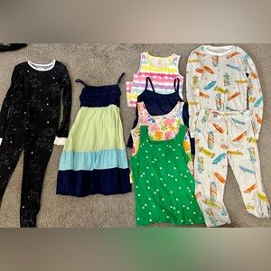 Girls size 10 to 12, 9 piece lot, Pajamas, a dress and tank tops